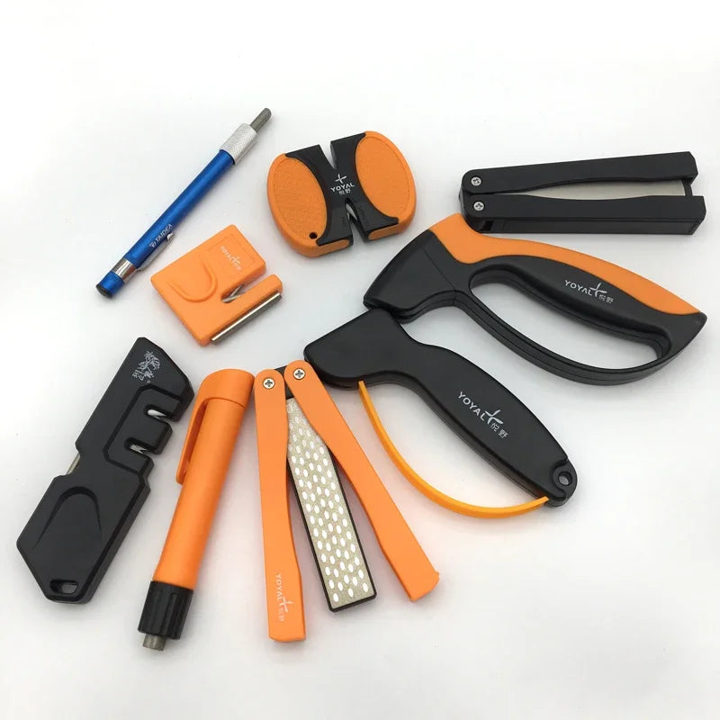 Range of individual fishing knife sharpeners and accessories in black and orange designs
