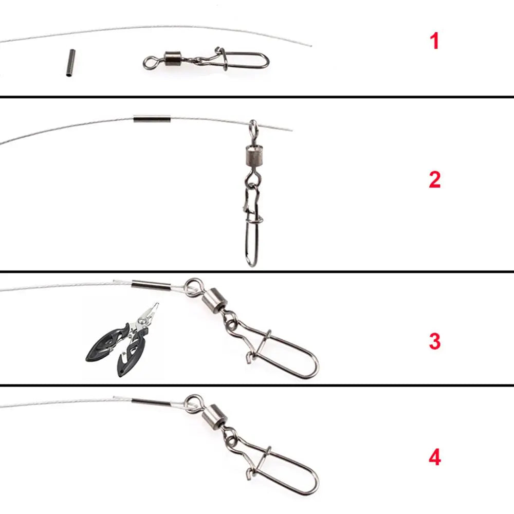 Step-by-step guide showing how to use crimp sleeves for fishing wire connections