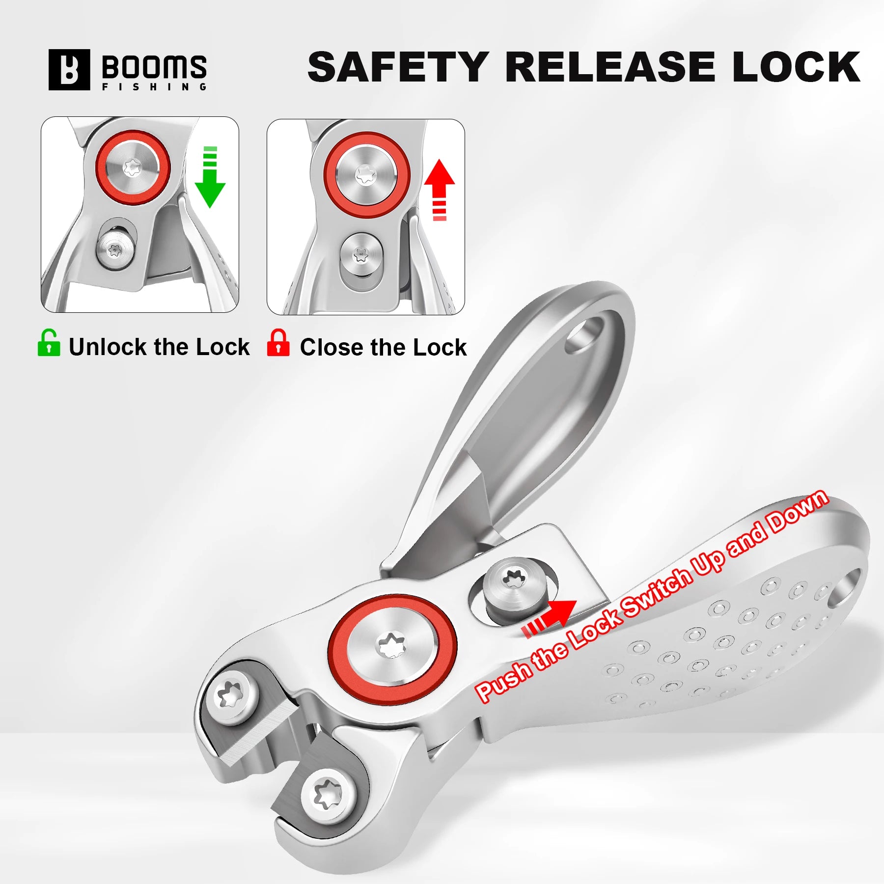 Fishing line cutters showing safety release lock mechanism