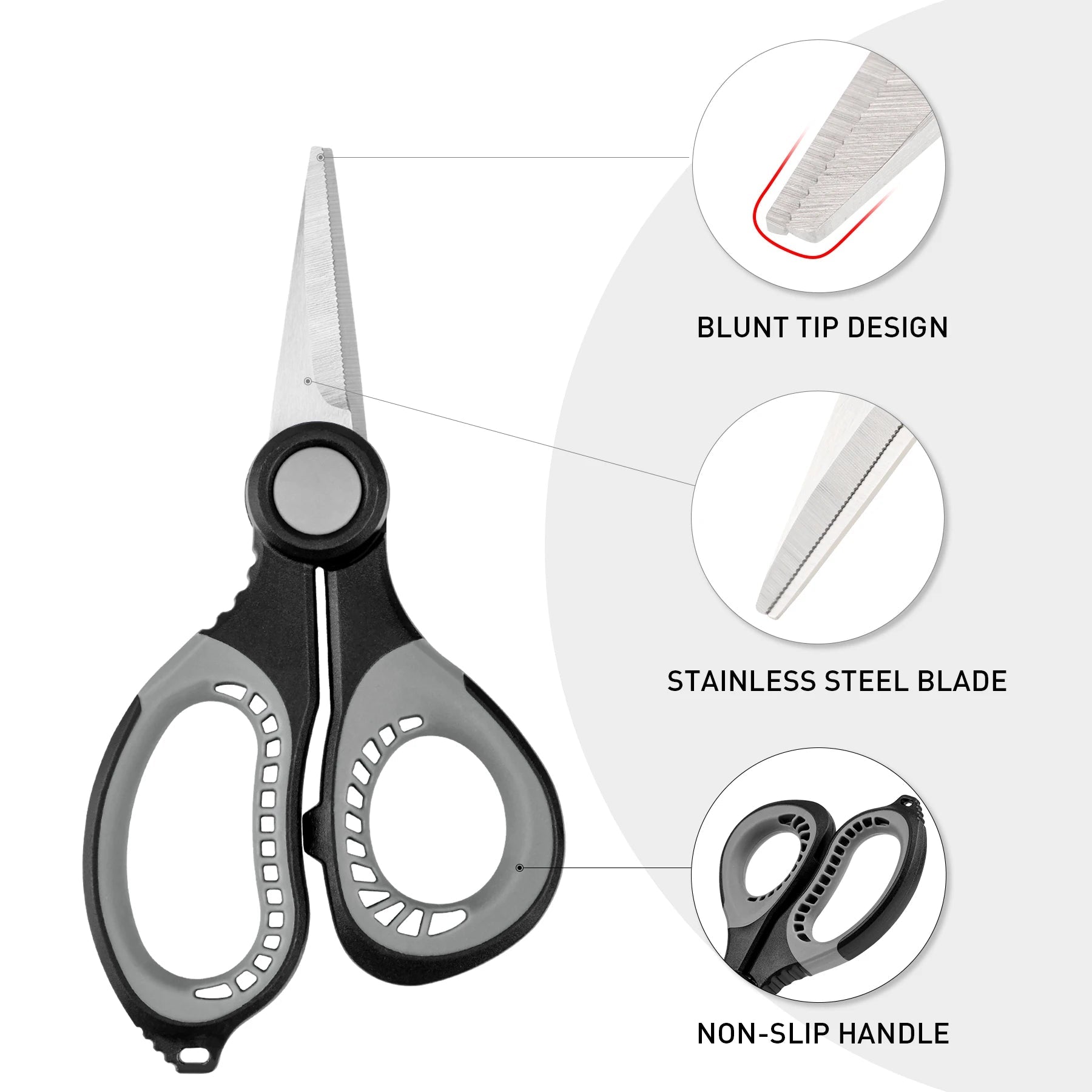 Fishing line scissors showing blunt tip blades and ergonomic handle