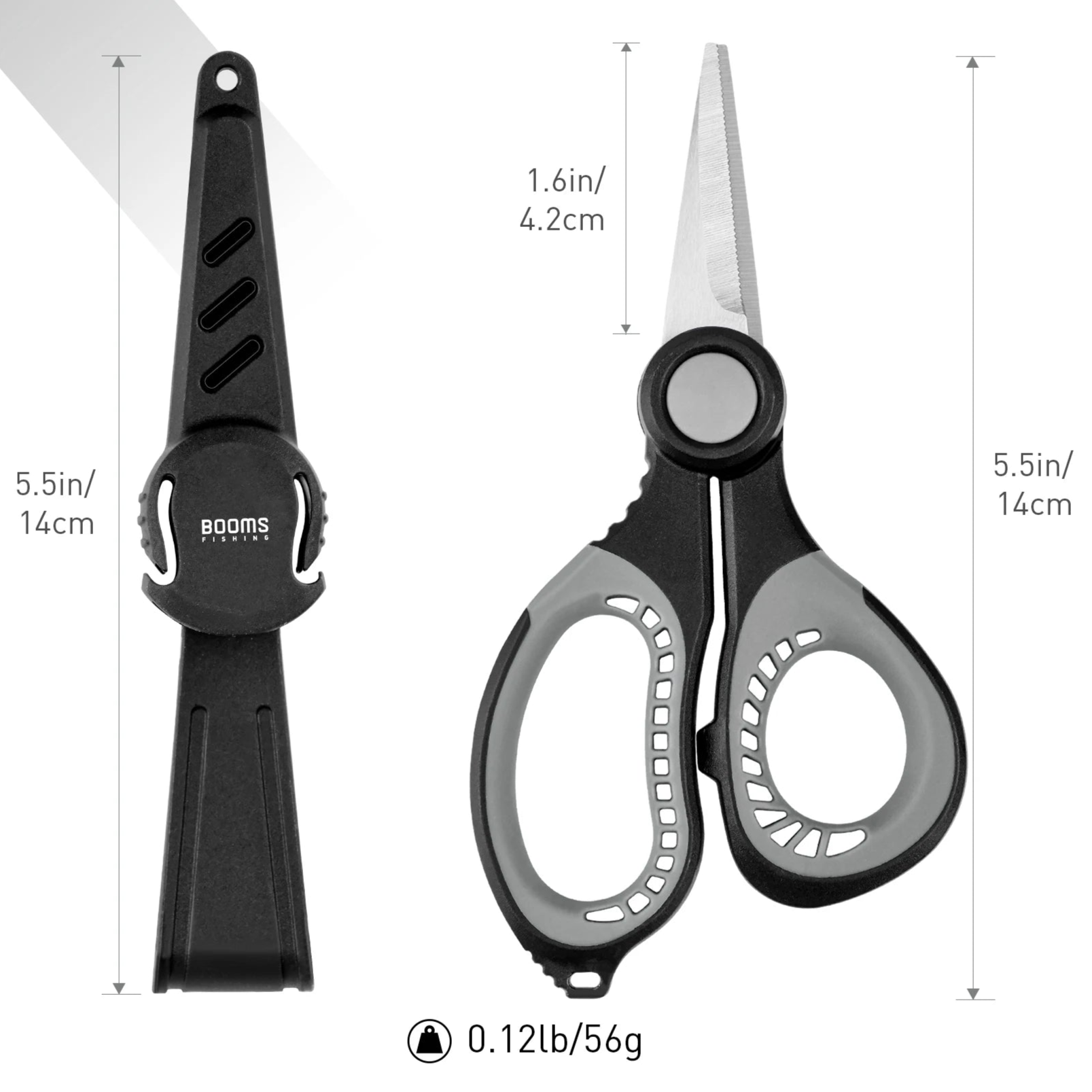 Fishing line scissors showing blade length and tool dimensions
