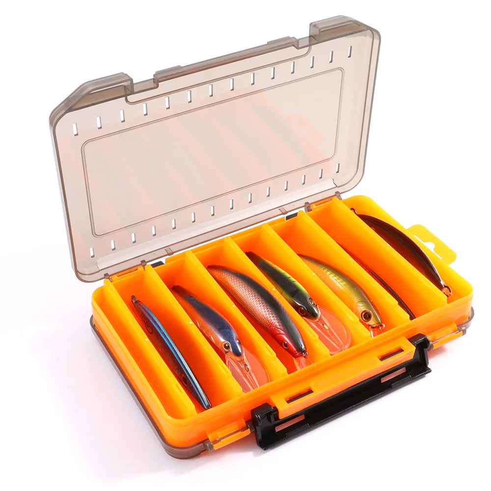 Orange fishing lure storage box shown open with assorted metal spoons and spinners neatly organised inside