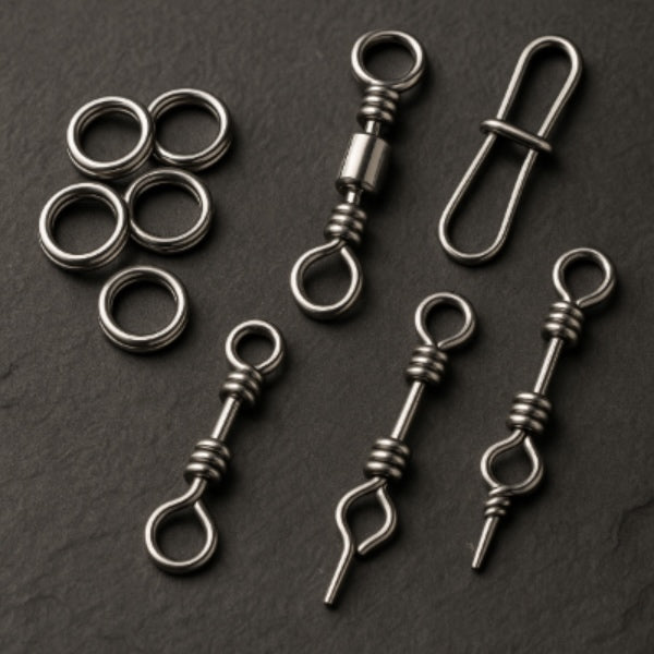 Set of metal fishing swivels and rings on a dark surface