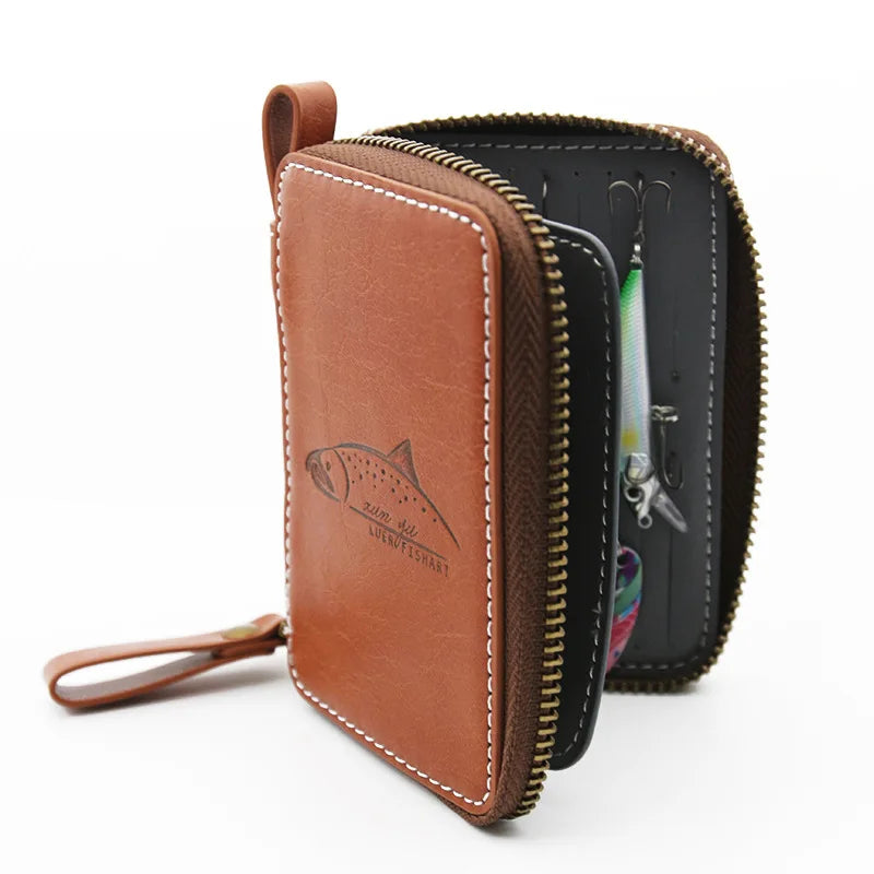 Brown fishing lure wallet zip around design