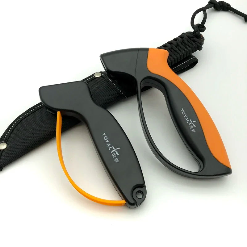 Two individual fishing pliers models with black and orange handles and cutter features