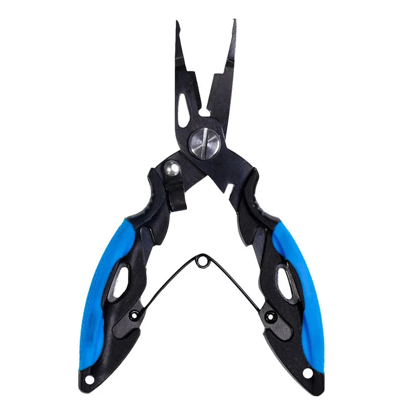 Blue grip fishing pliers tool for line cutting and hook removal
