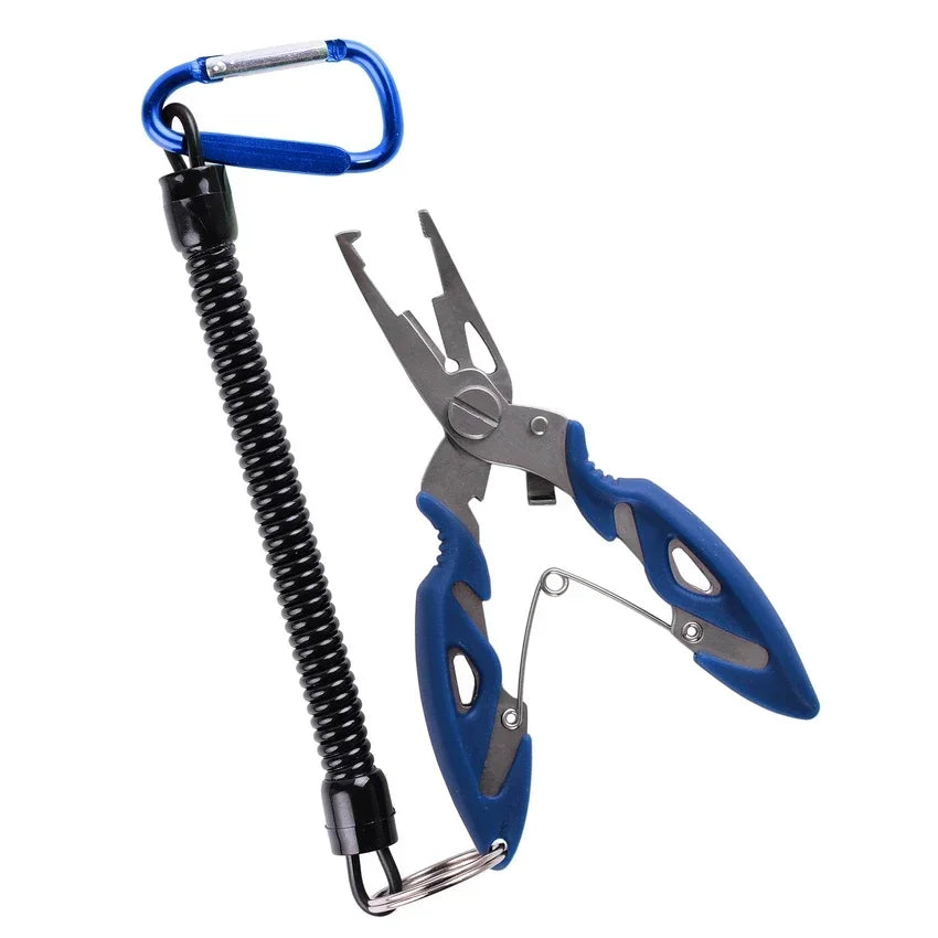 Blue handle fishing pliers with coiled lanyard for secure use