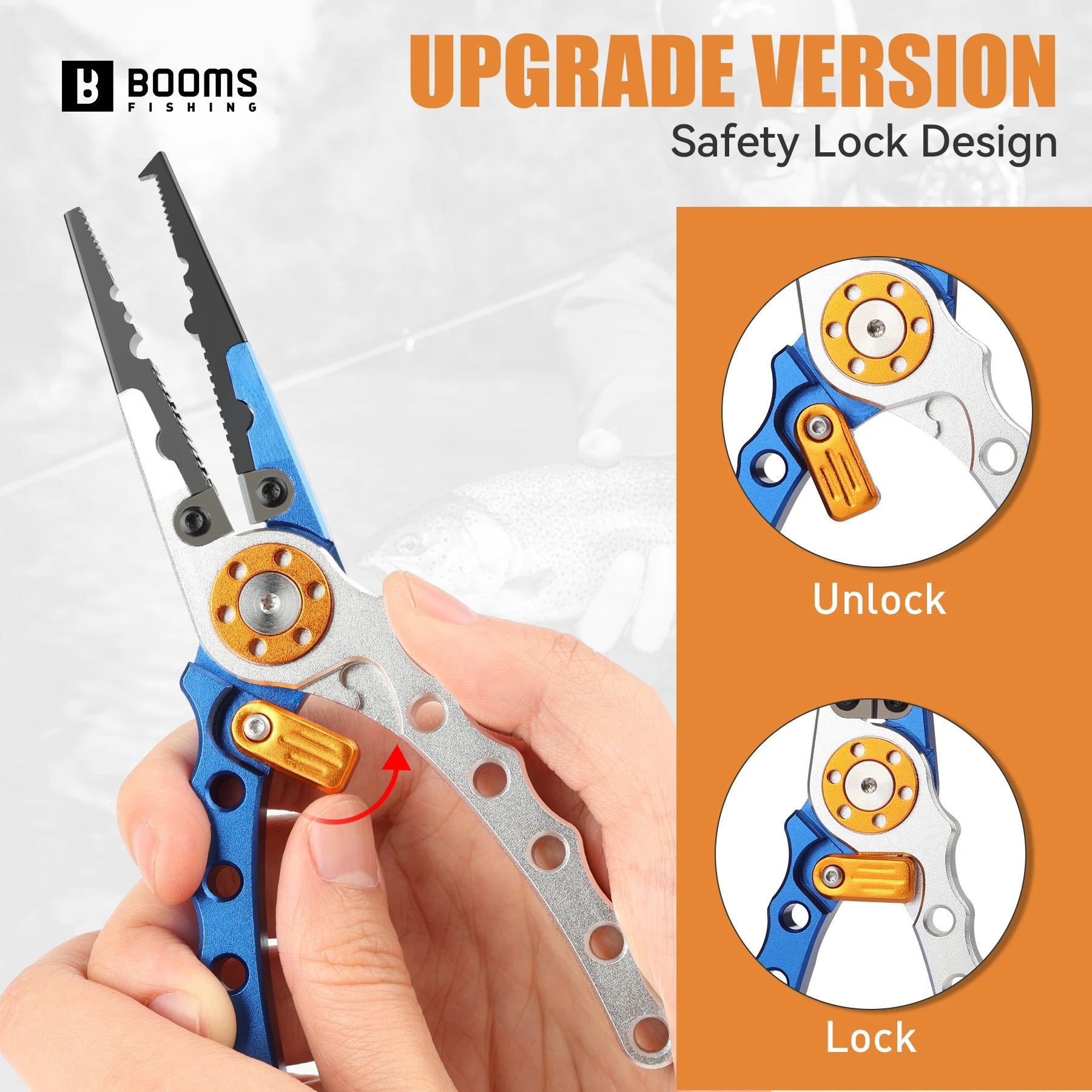 Fishing pliers handle showing safety lock and spring mechanism