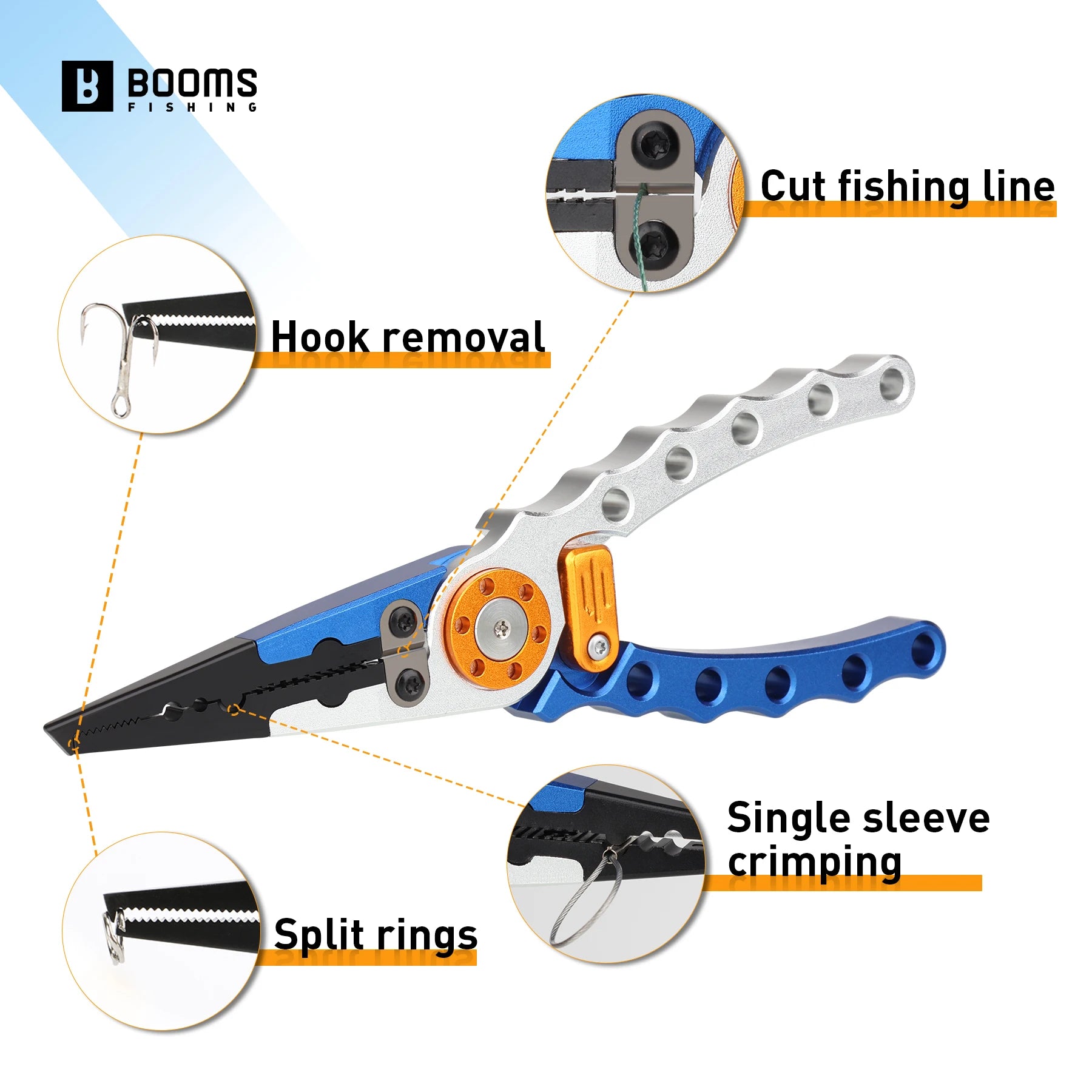 Fishing pliers showing split ring opener hook remover and line cutters