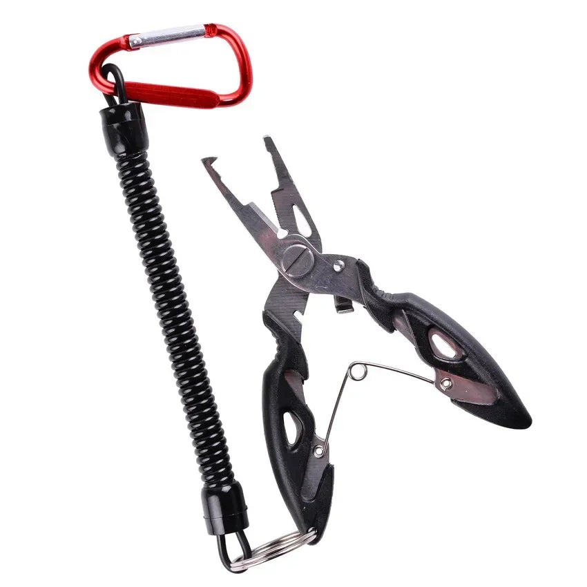 Stainless steel fishing pliers with coiled safety lanyard and carabiner