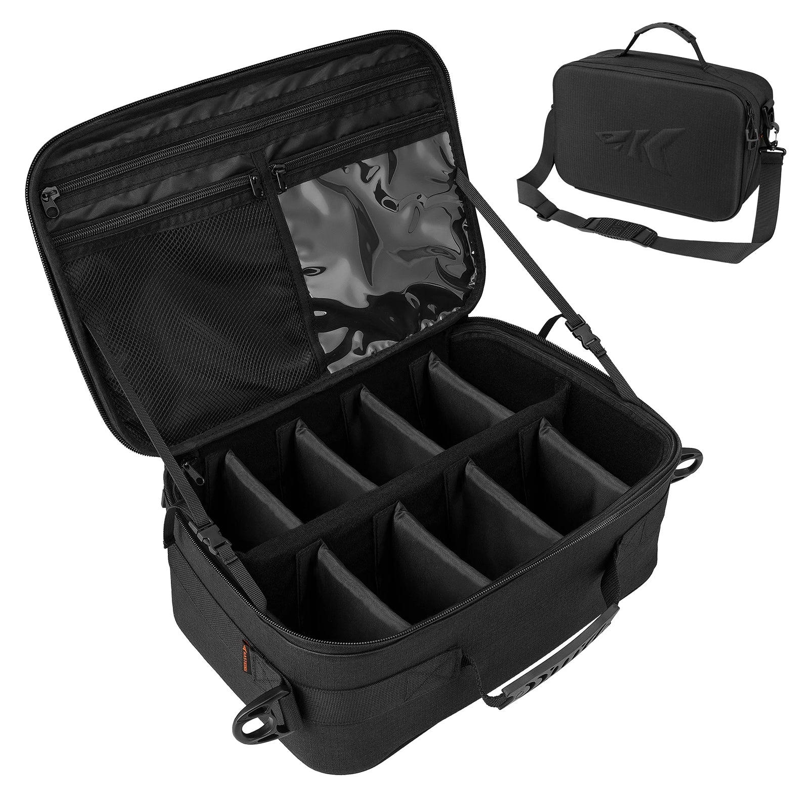 Fishing reel case open showing padded compartments