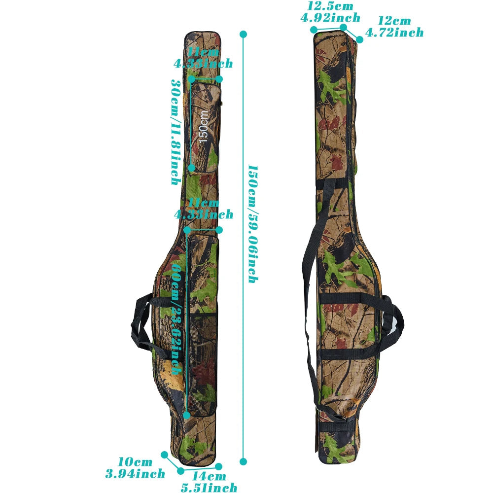 Two upright views of fishing rod bag in alternate colour pattern