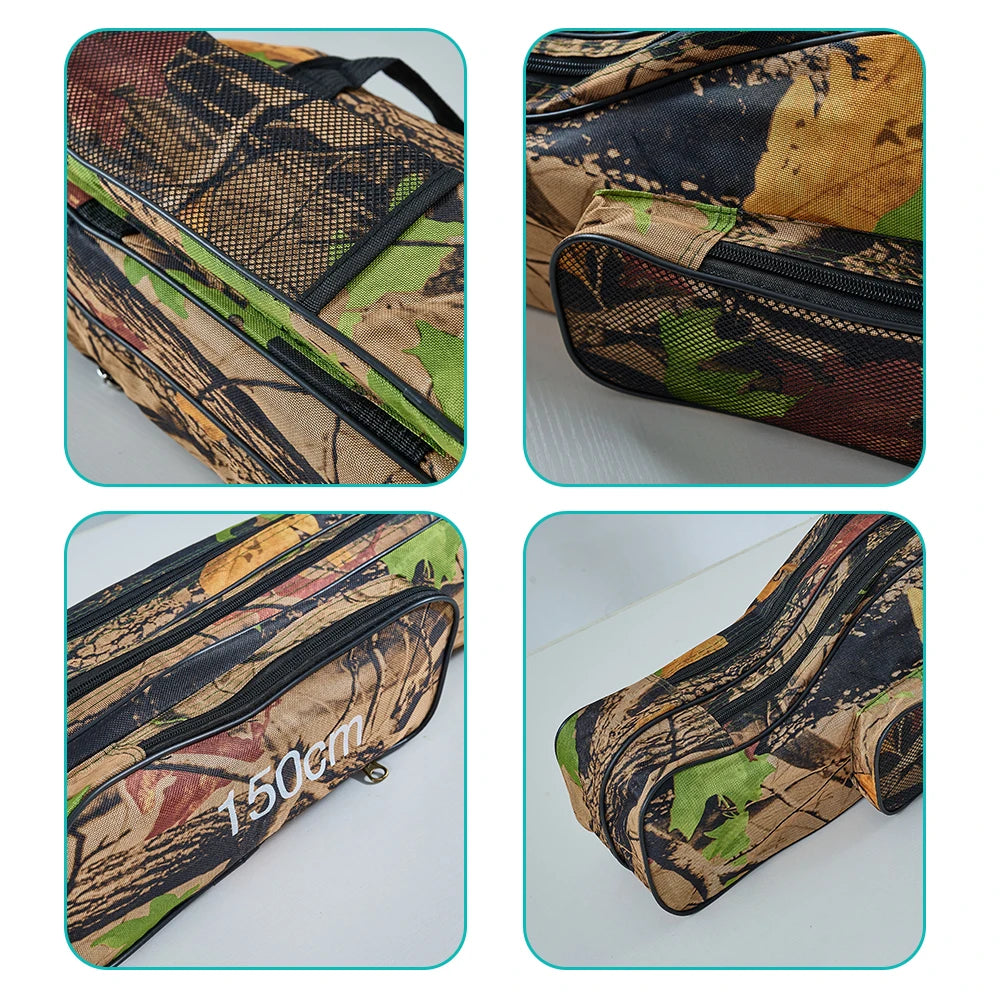 Close-up views of fishing rod bag fabric, zips, and stitching