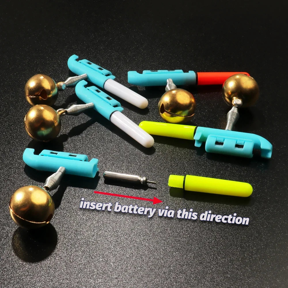 Fishing rod bell light showing battery insertion direction and detachable LED clip components