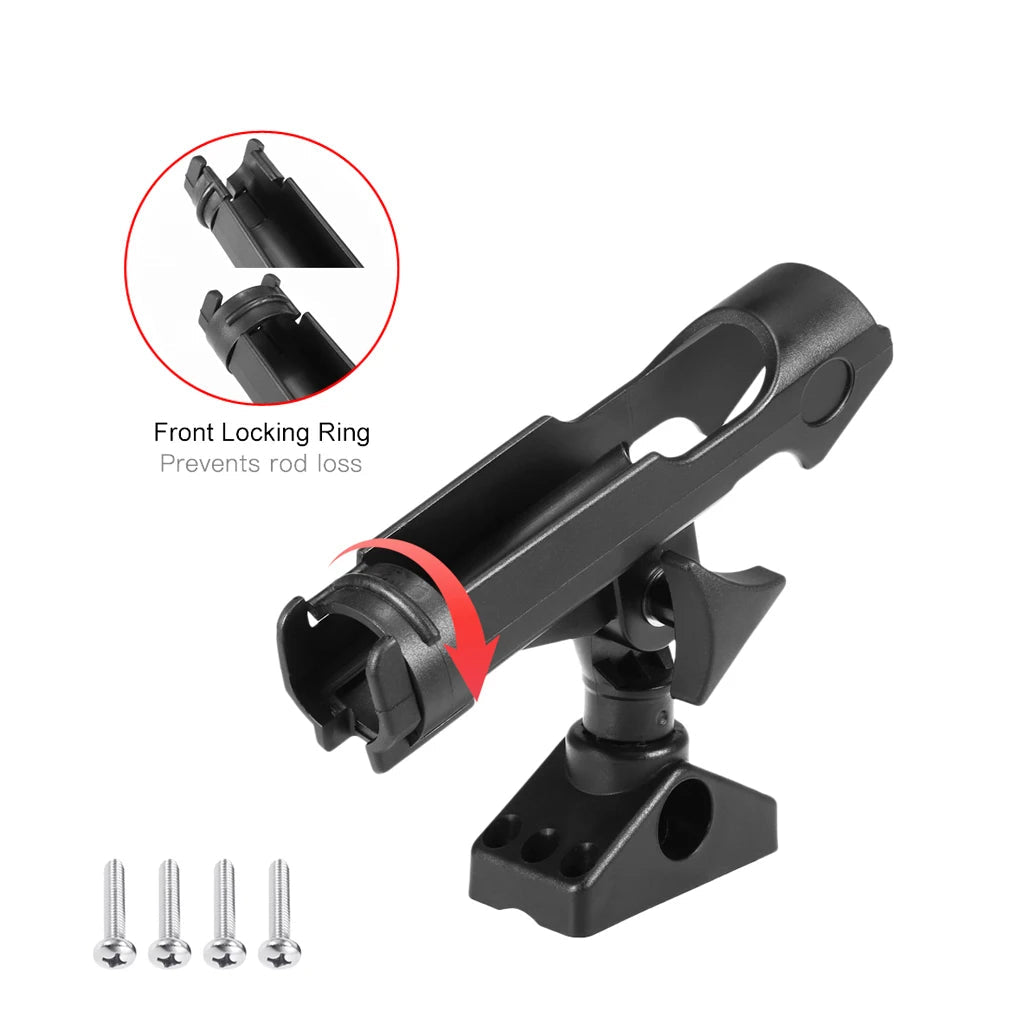 Close-up of adjustable locking system on black polymer kayak fishing rod holder with screw fittings