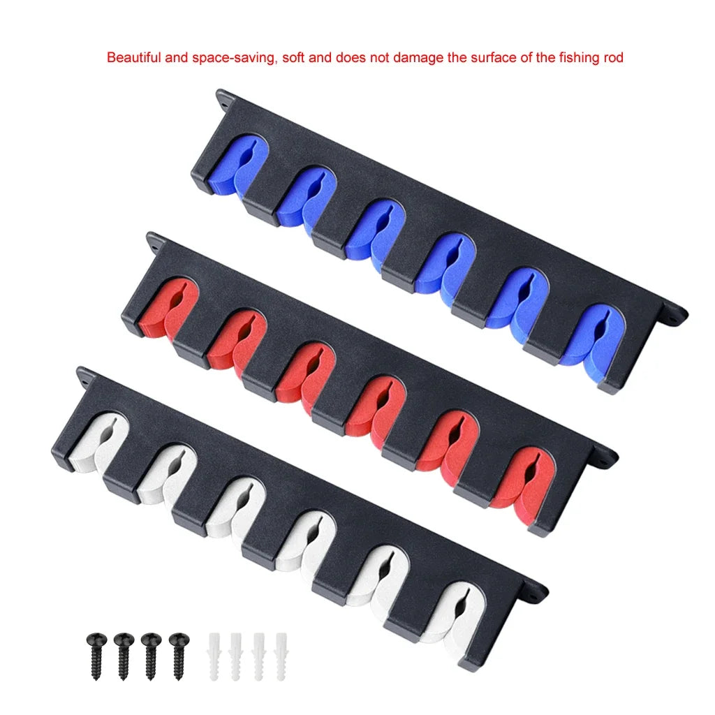 Dimension diagram of fishing rod rack showing six EVA slots and compact ABS frame for wall mounting