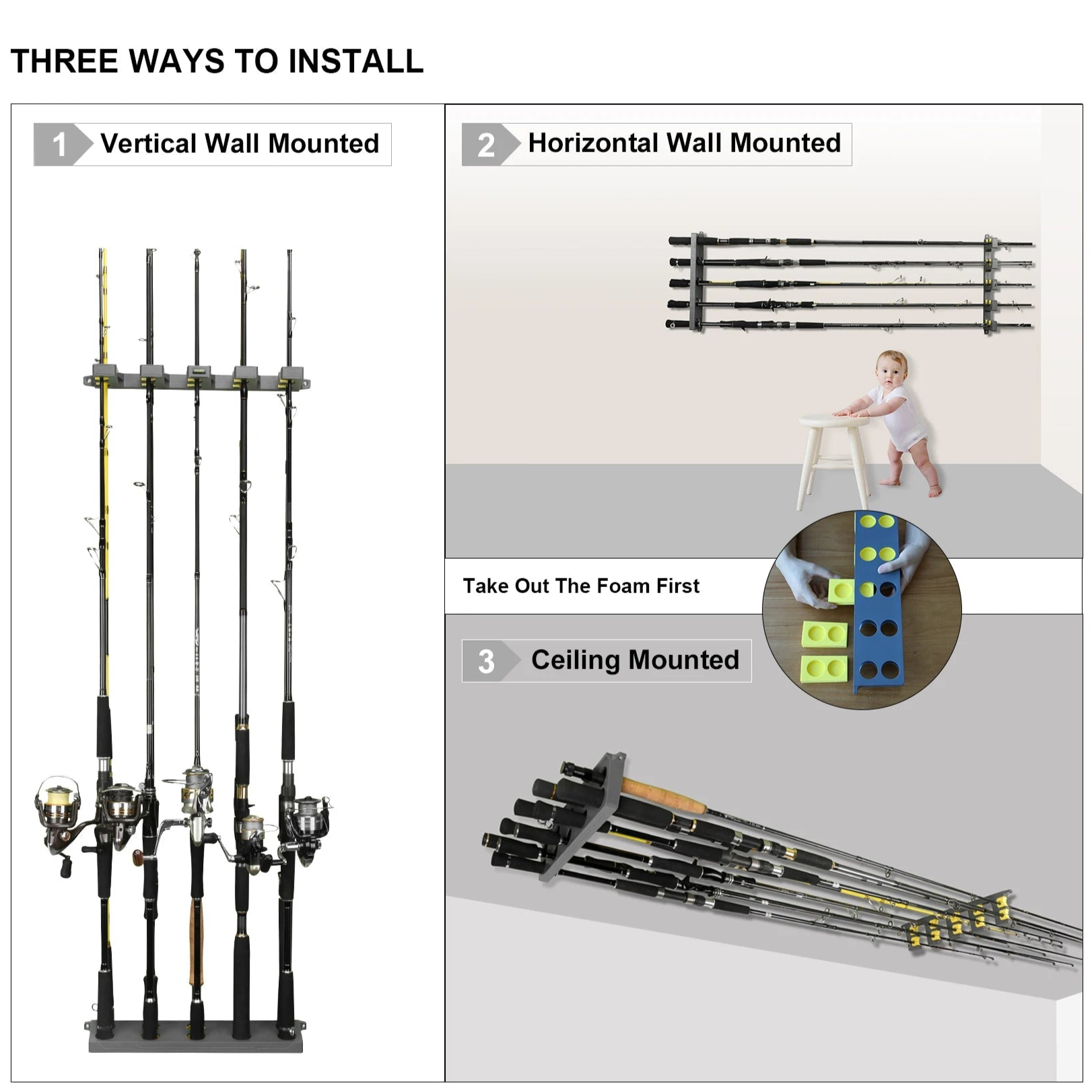 Three installation methods for BOOMS FISHING rod holder rack showing wall and ceiling mounting