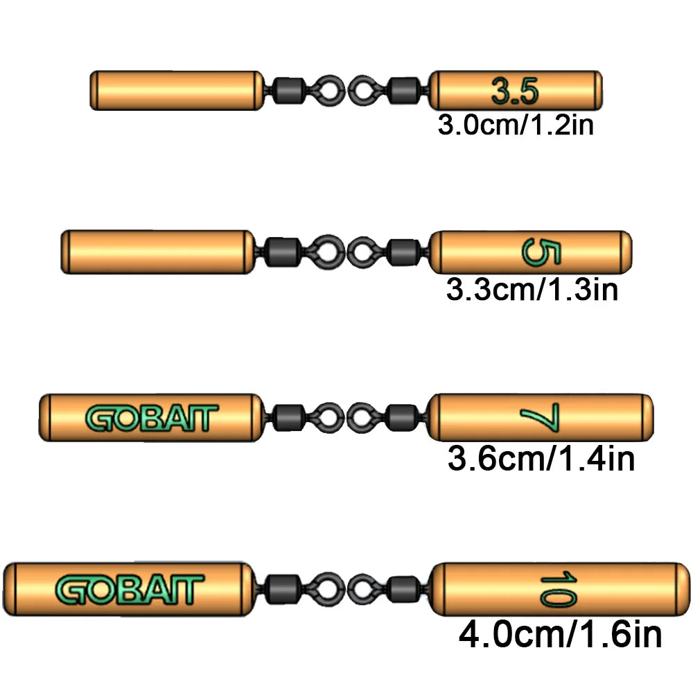 Length chart showing three sinker slide sizes with cm and inch measurements