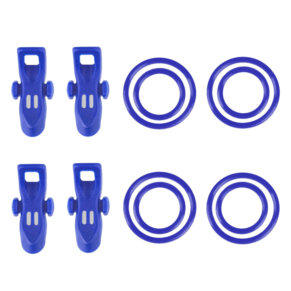 Set of blue fishing swivel and clip components on a white background with 'Booms Fishing' branding.