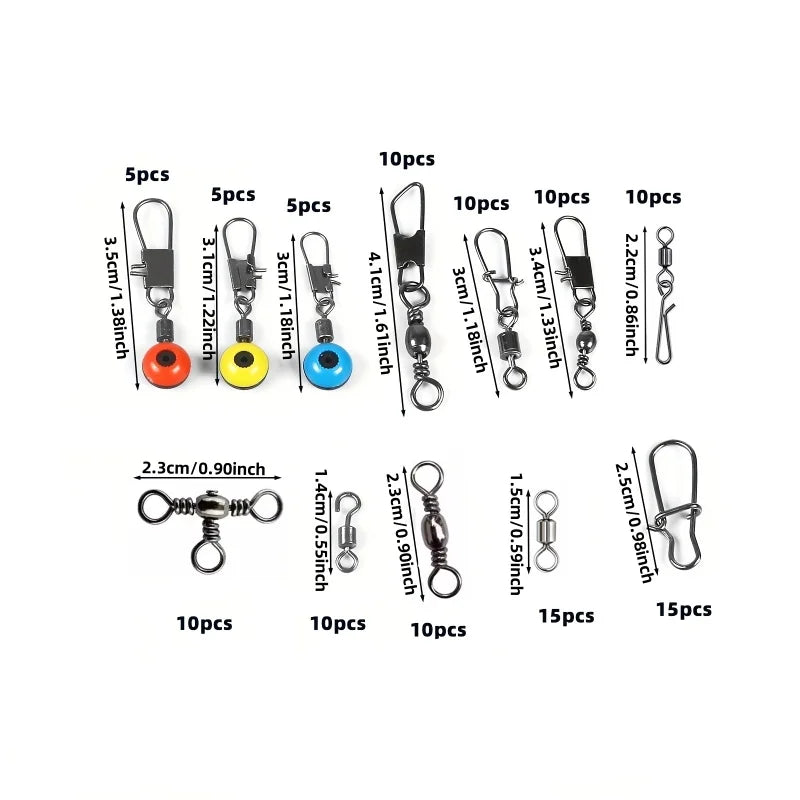 Assorted fishing swivels and snap connectors with size and quantity chart