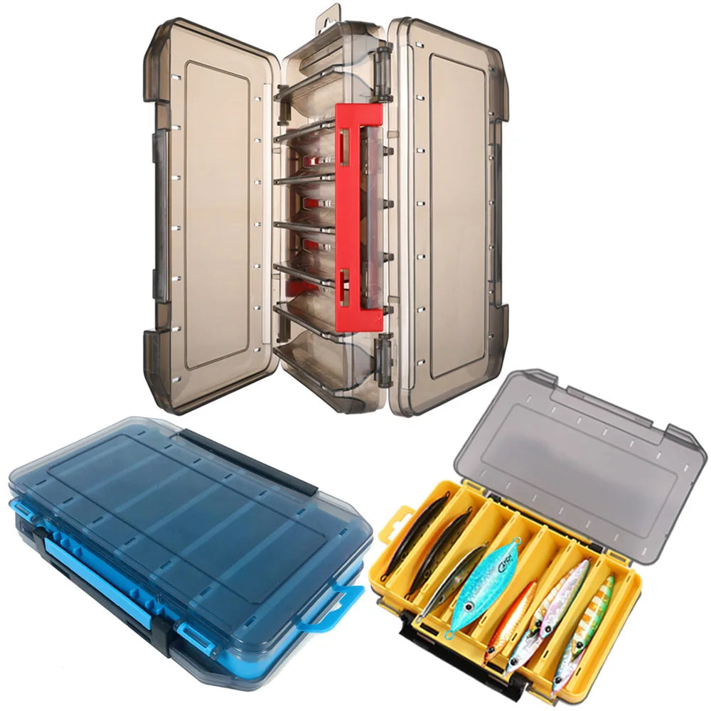 Compact dual-layer tackle storage box in blue and yellow with transparent cover for bait and lure storage