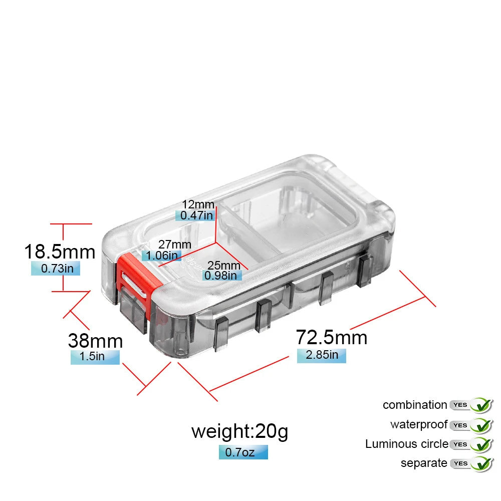 Fishing tackle box size diagram showing 72.5 mm length and compartment layout