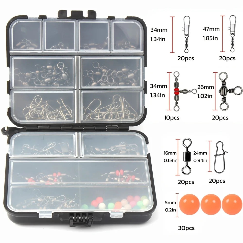 Size reference and layout of swivels, snaps, and connectors inside 140-piece tackle kit