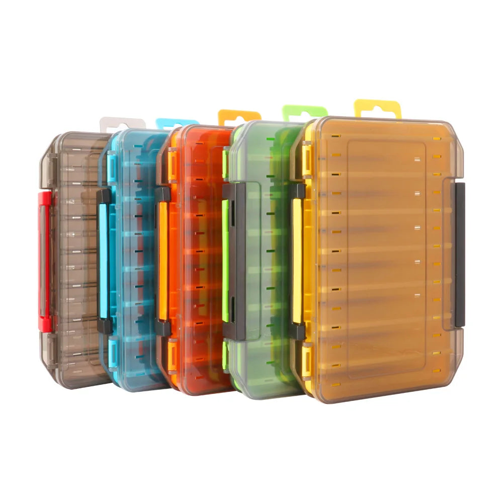 Stack of multi-coloured double-sided fishing tackle boxes for storing lures, hooks, and small fishing tools