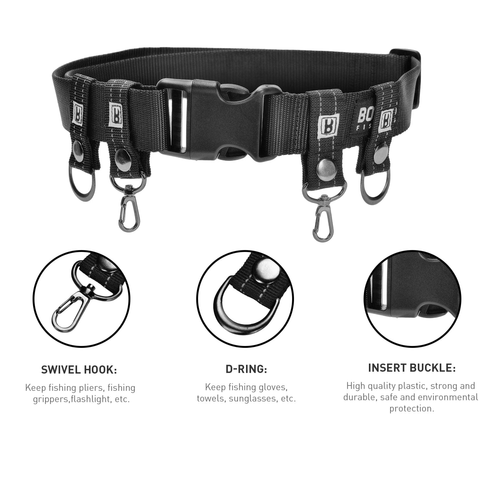 Fishing utility belt with D rings and swivel hooks