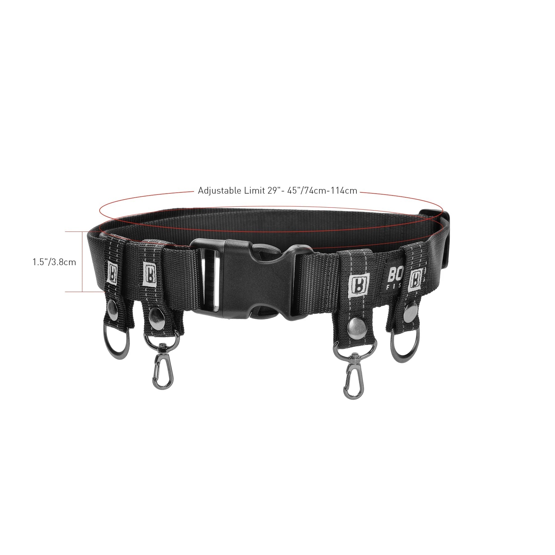 Fishing utility belt front view with attachments