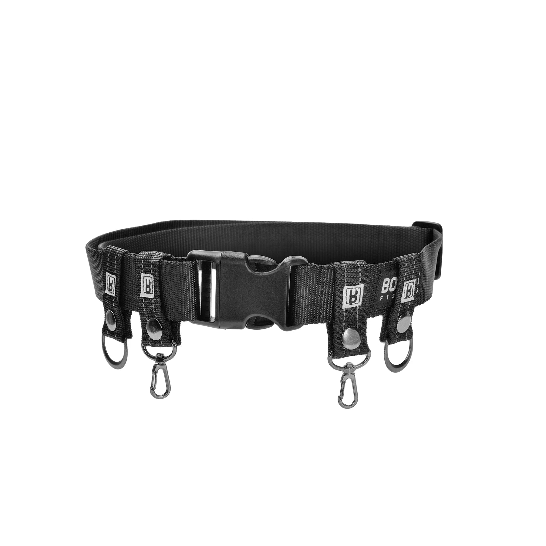 Fishing utility belt side view with metal rings
