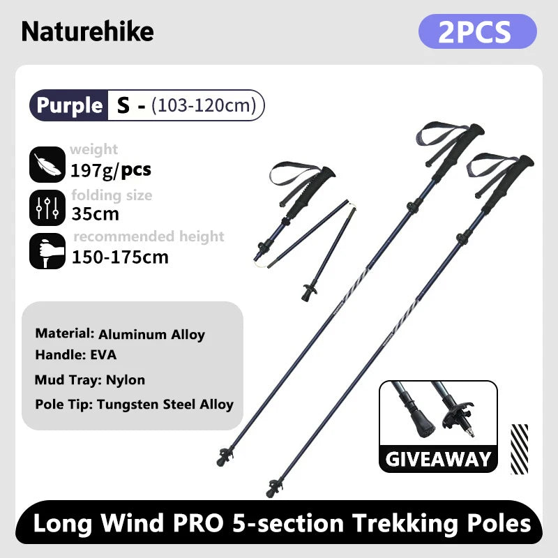 Five section hiking poles purple two pack