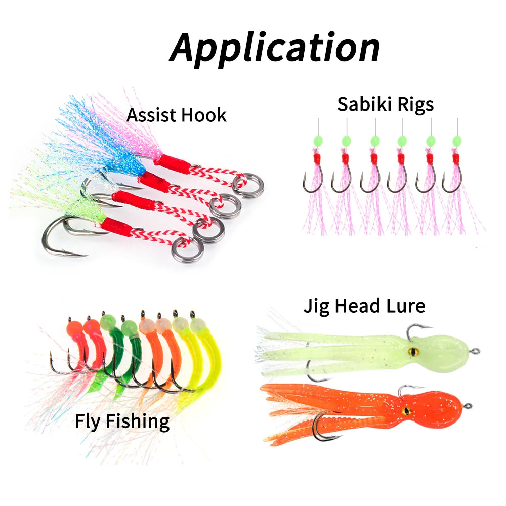 Diagram showing flashabou used for fly tying, jig heads, sabiki rigs, and assist hook decoration