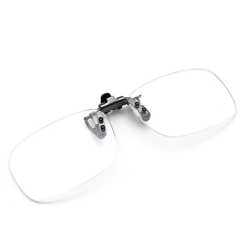 Flip up clip on reading glasses lens and hinge detail close up