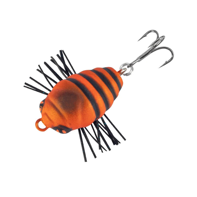 Floating insect-style fishing lure with striped body and treble hook