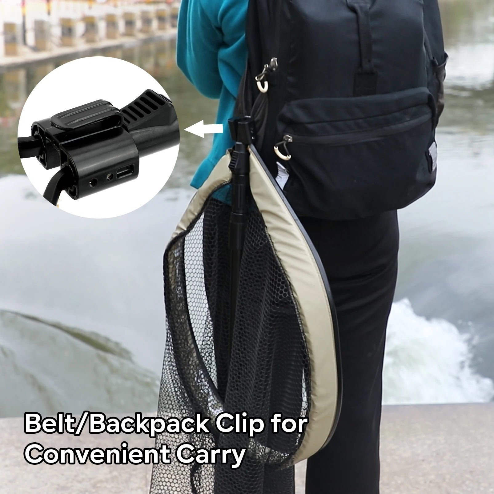 Floating landing net attached to belt or backpack using carry clip