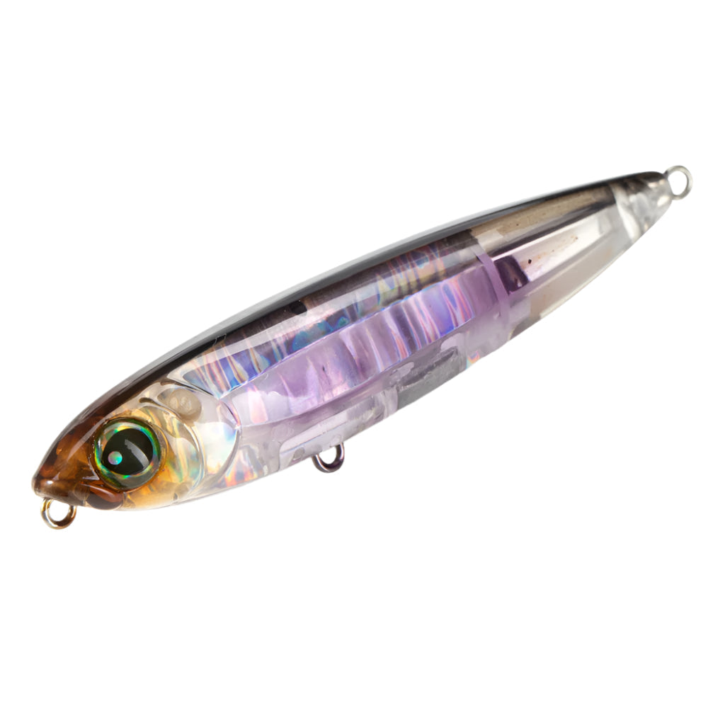 Floating pencil-style fishing lure with reflective body and treble hooks