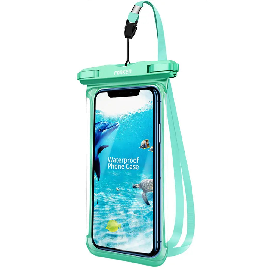 Green floating waterproof phone case with strap