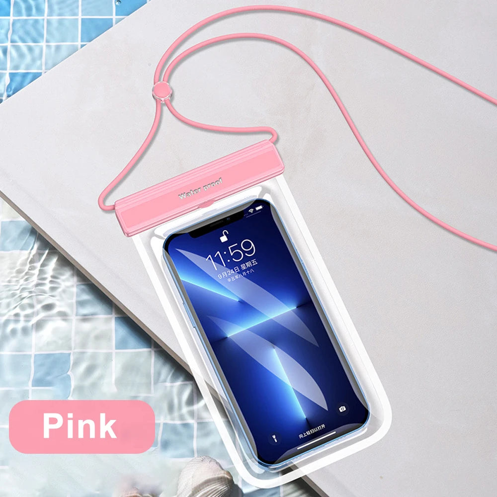 Pink floating waterproof phone pouch with strap