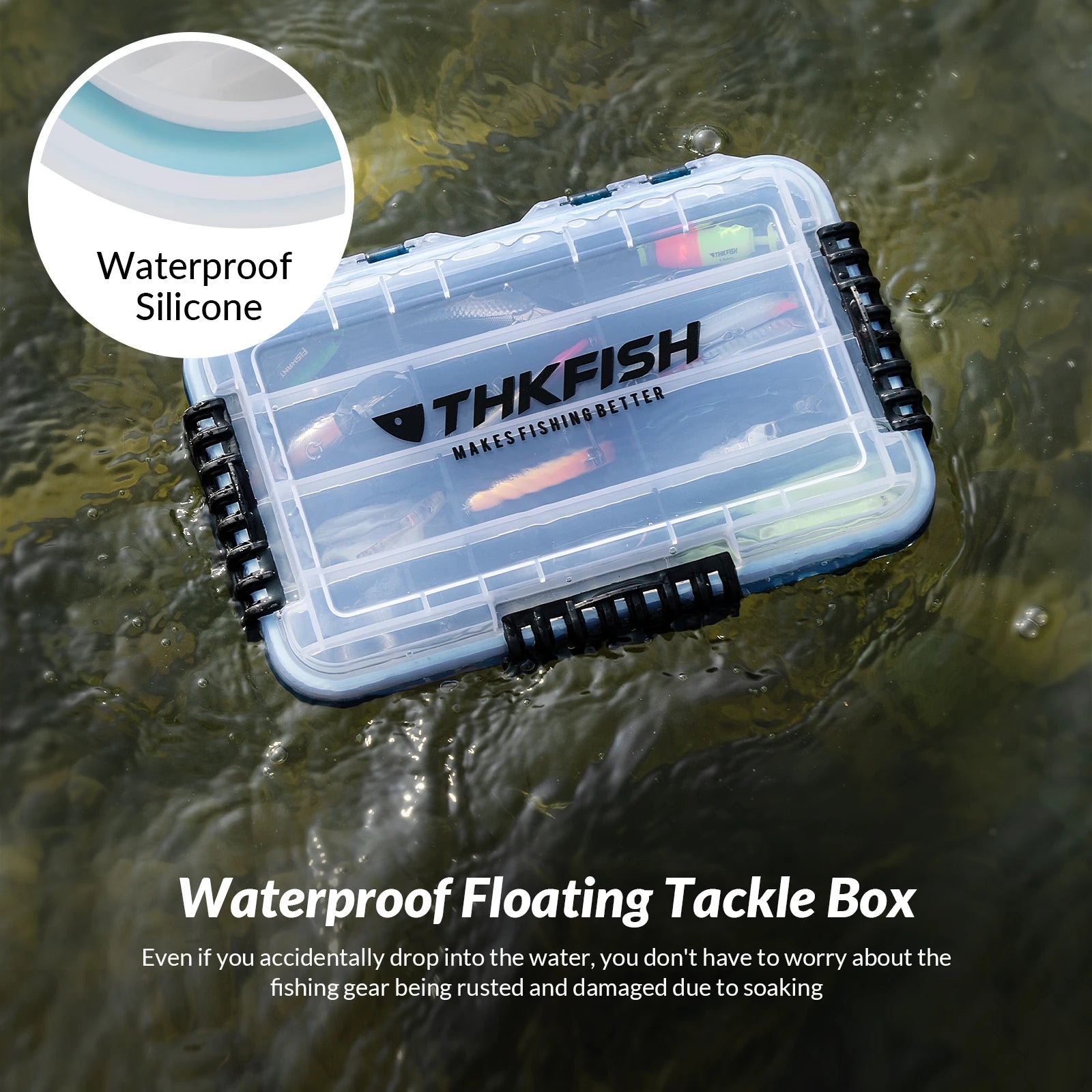 Floating waterproof fishing tackle box with sealed locking lid