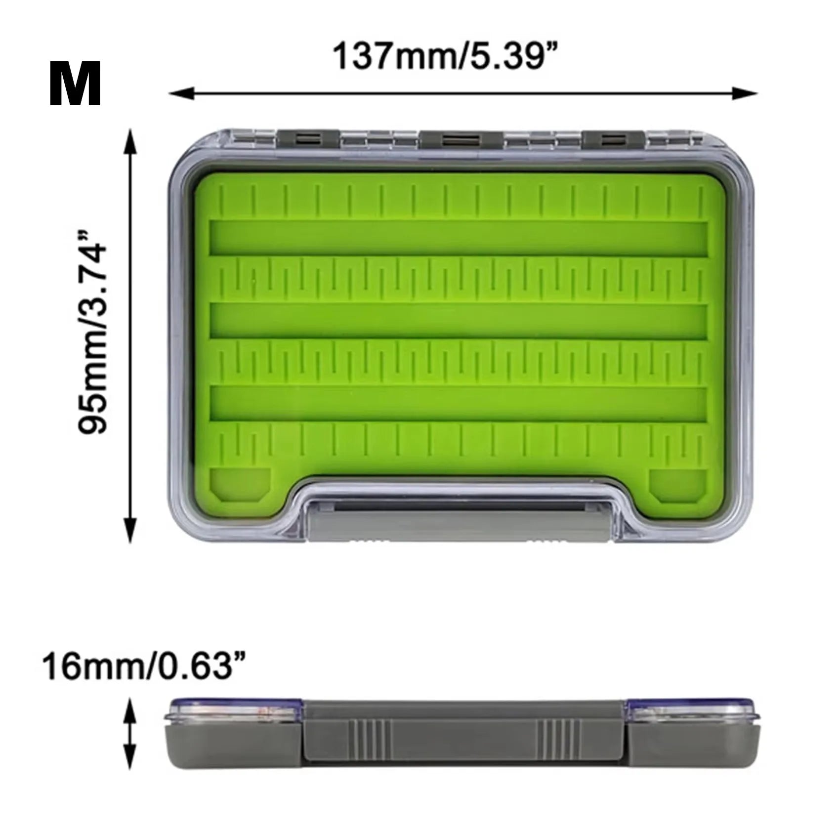 Fly fishing box dimensions showing 137 mm length 95 mm height and 16 mm depth