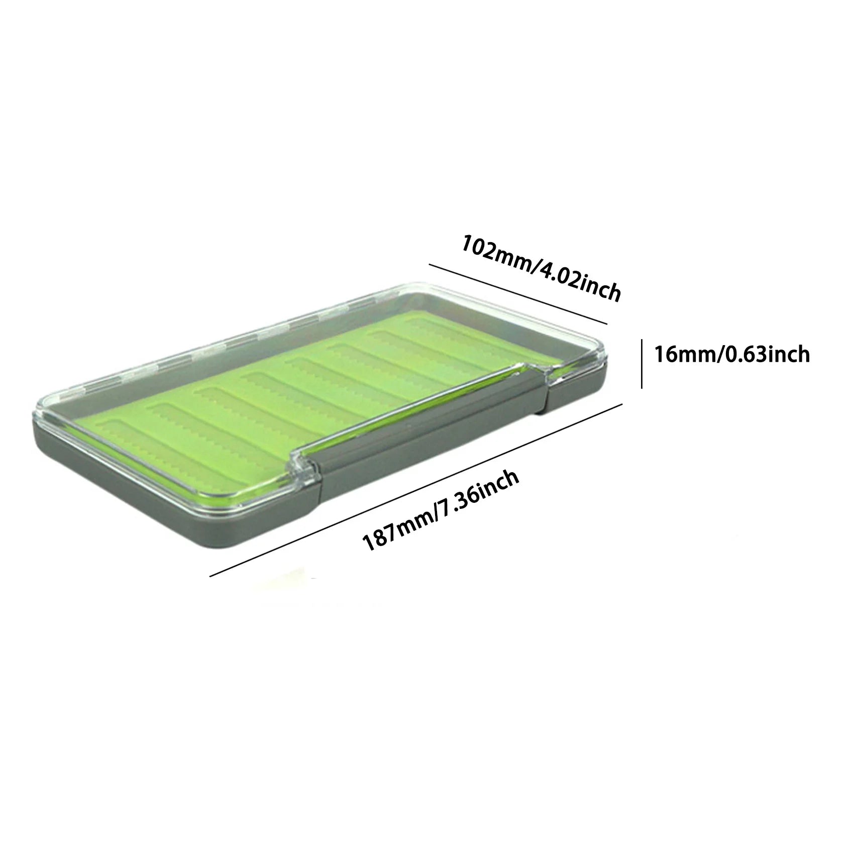 Slim waterproof fly box closed showing compact profile measurements