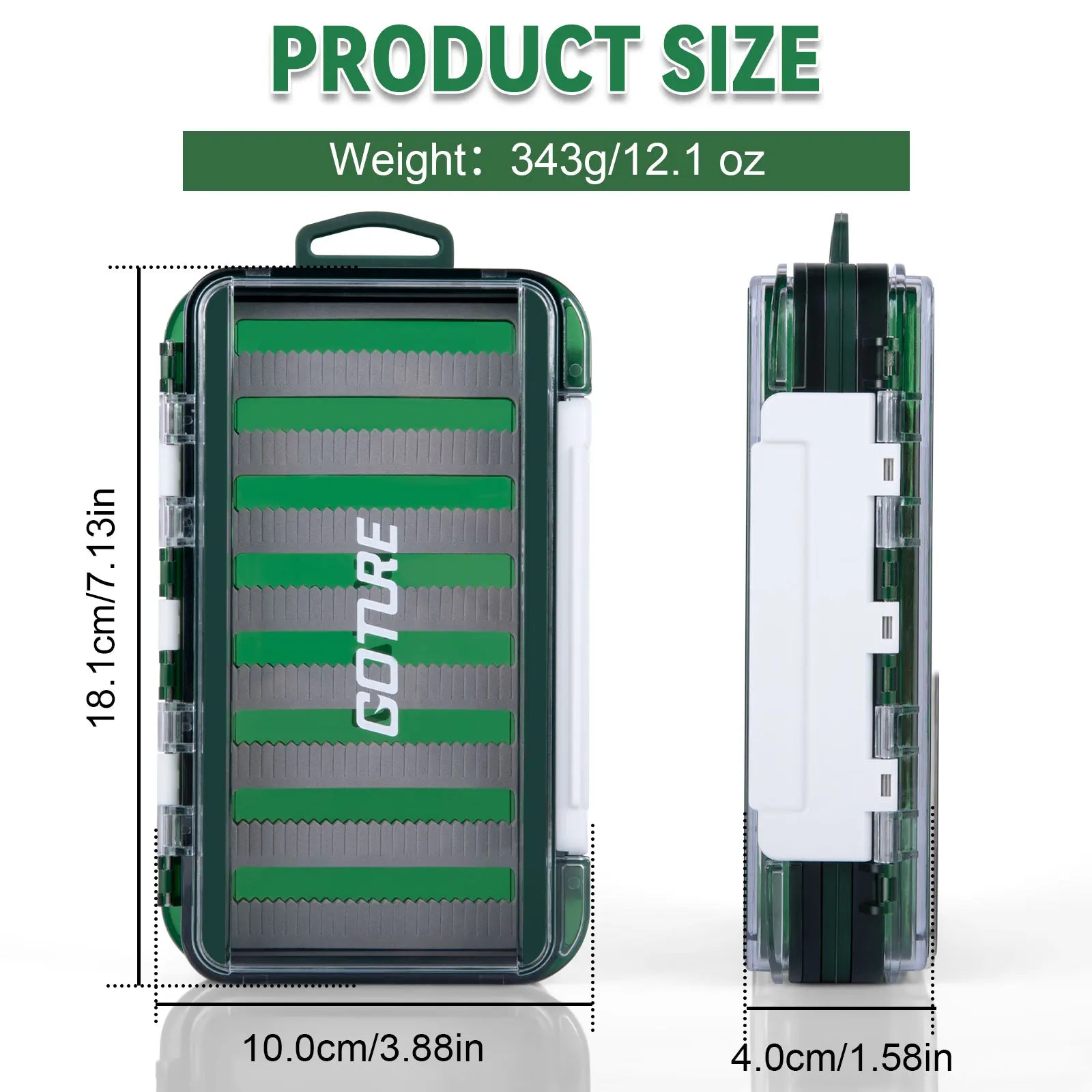 Compact fly fishing box size chart showing box dimensions