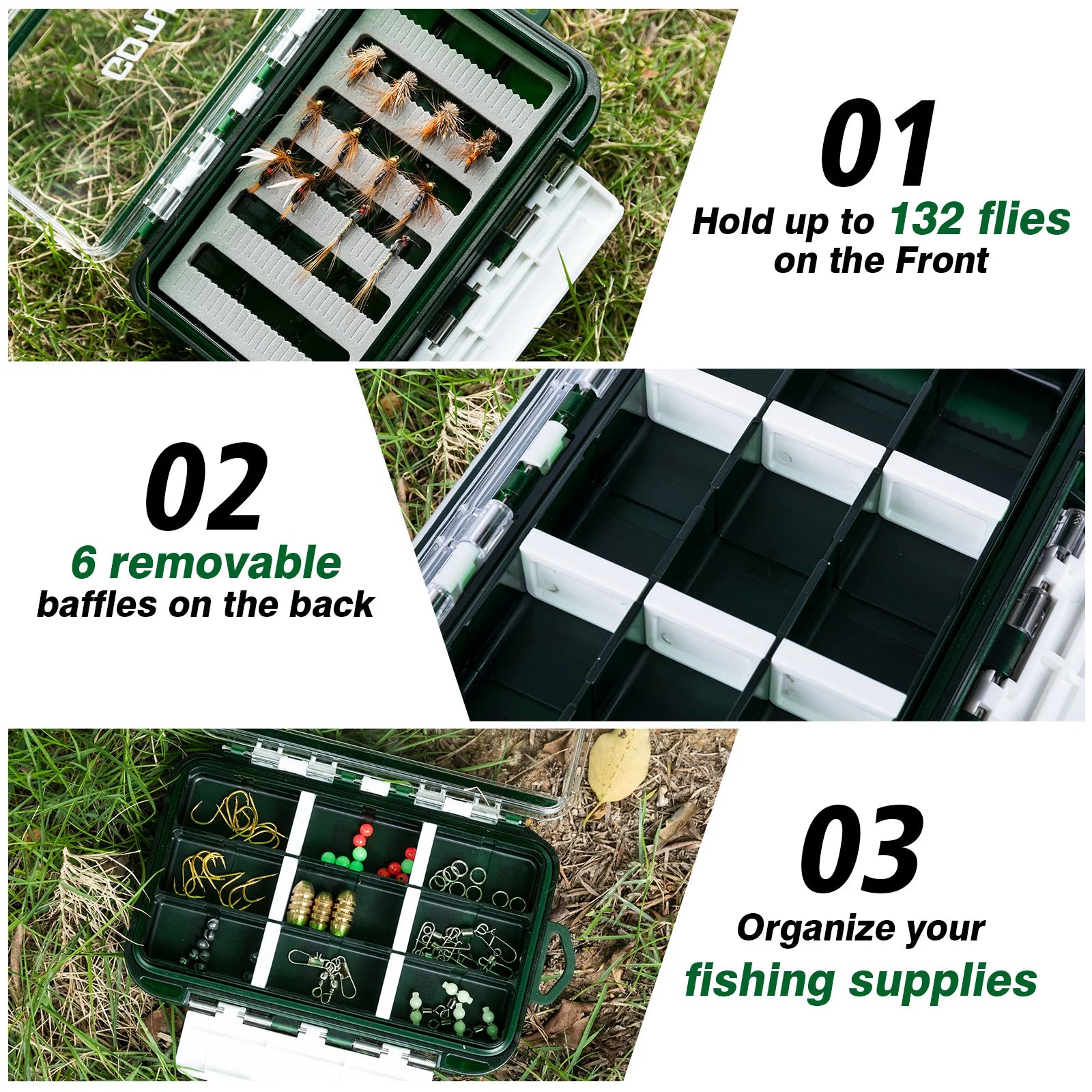 Fly fishing storage box showing removable compartments and fly slots