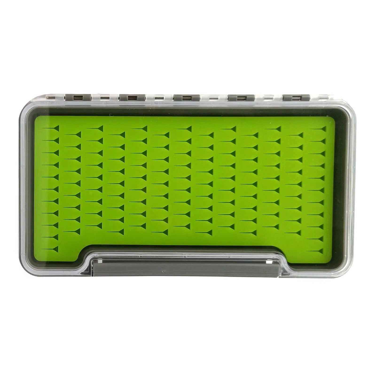 Waterproof fly fishing box with bright green silicone insert and clear lid