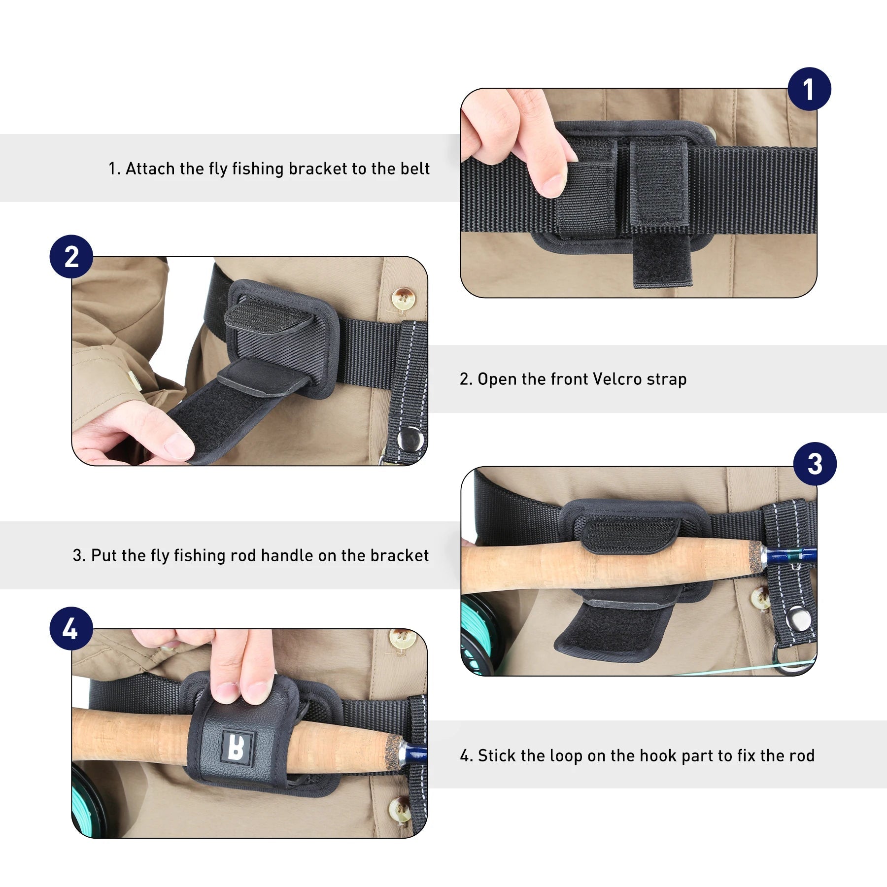 Step-by-step instructions showing how to attach and adjust nylon fly rod holder on belt or vest