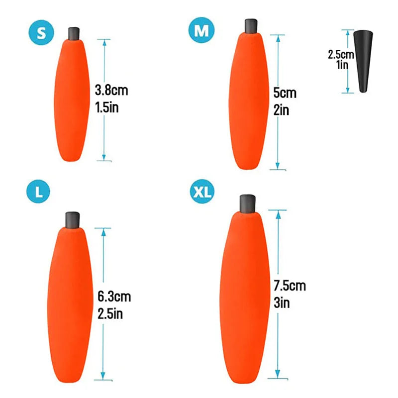 Foam peg float fishing bobber sizes and measurements guide