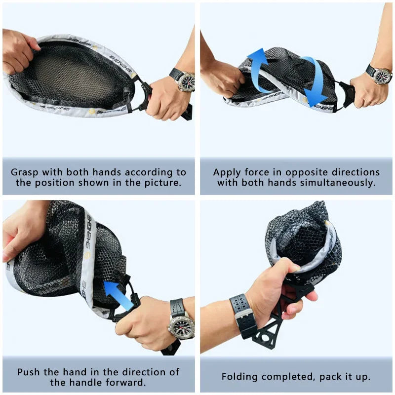 Foldable fly fishing hand net showing step by step collapse process