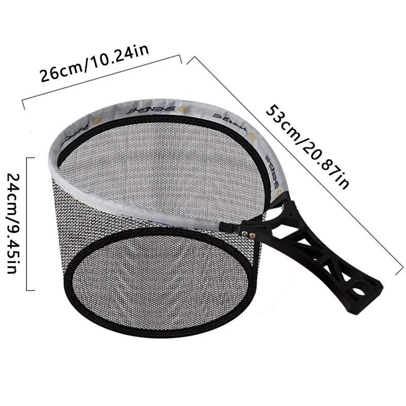 Foldable fly fishing hand net size diagram showing frame dimensions