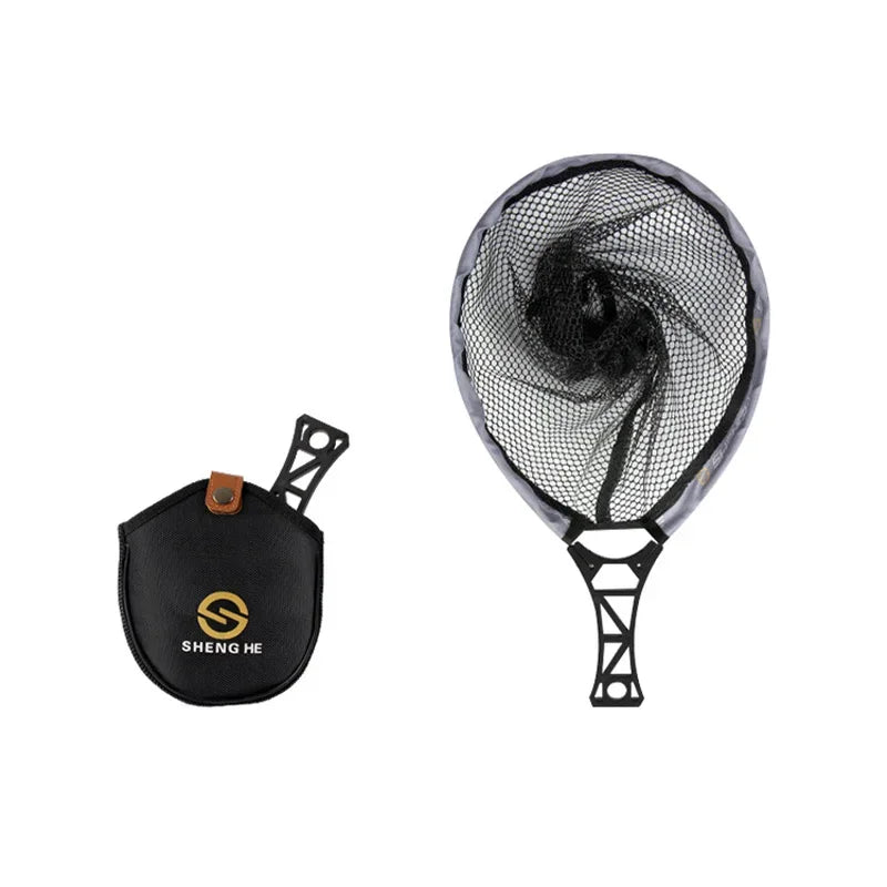 Foldable fly fishing hand net shown with black carry pouch